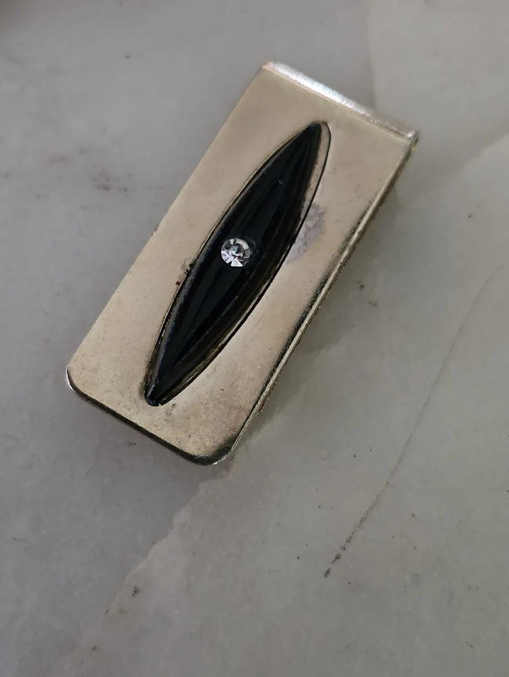 Vtg Gold-Tone Money Clip with Black Inlay and Crystal Accent